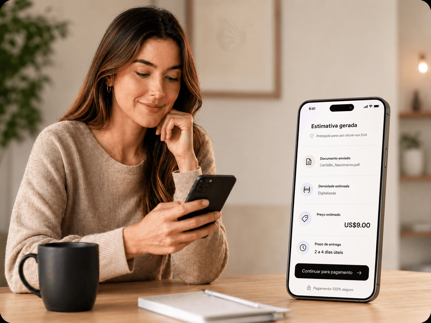 Cliente visualizando no celular uma estimativa de tradução certificada para uso oficial nos EUA